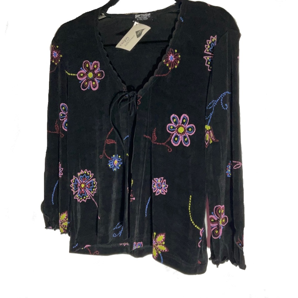 Softwear Petites by Mark Singer Black 3/4 Sleeves Tie Floral Embroidered Sweater